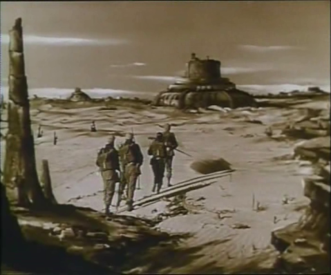 Astronauts on Mars approaching an alien building in Rocketship X-M (1950)